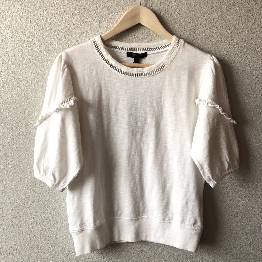 NEW Frye Cream Ruffle Trim Puff Sleeve Boho Pullover Top Cottagecore 100% Cotton
